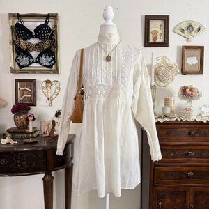 vintage antique dainty prairie puff sleeve long babydoll tunic top w sheer lace